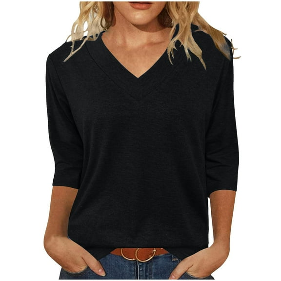 HUJlwoi V-Neck T Shirts for Women 3/4 Sleeve Basic Pullover Spring Summer Solid Color Casual Tees Fashionable Tunic Tops