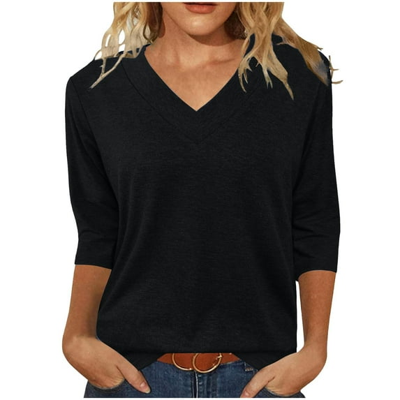 HUJlwoi V-Neck T Shirts for Women 3/4 Sleeve Basic Pullover Spring Summer Solid Color Casual Tees Fashionable Tunic Tops
