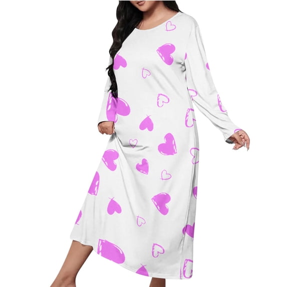 HUJlwoi Valentines Nightgowns for Women Heart Print Long Sleeve Nightshirt Full Length Sleep Dress Loose Loungewear S-5XL