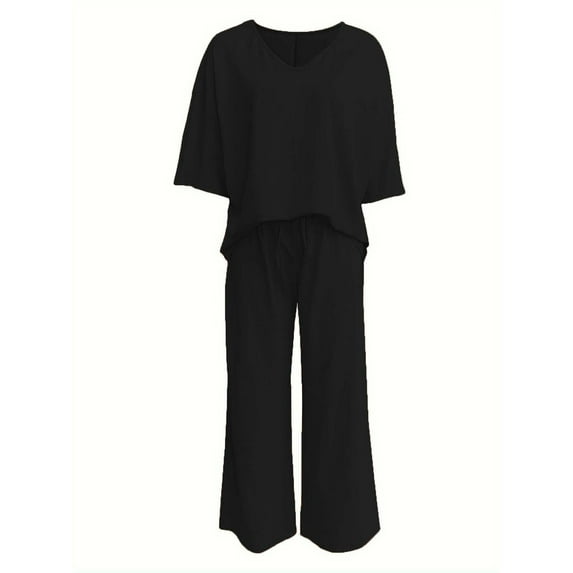HUJlwoi Women 2 Piece Outfit Lightheight V Neck Short Sleeve Top with Wide Leg Pants Lounge Set Comfy Breathable Matching Sets
