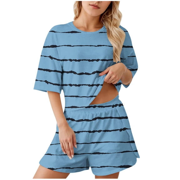HUJlwoi Women 2 Piece Pajama Sets Fashion Striped Short Sleeve Sleep Shirt with Shorts Pj Set Loungewear Casual Sleepwear