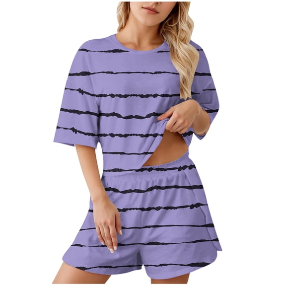 HUJlwoi Women 2 Piece Pajama Sets Fashion Striped Short Sleeve Sleep Shirt with Shorts Pj Set Loungewear Casual Sleepwear