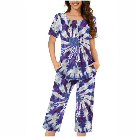 HUJlwoi Women Button down Pajama Tie Dye Printed Sleepwear Sets Short Sleeve Shirts and Capri Pants Lounge Pj Sets with Pocket