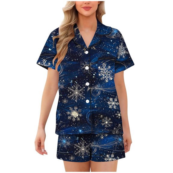 HUJlwoi Women Christmas Pajama Sets 2 Piece Pj Set Long Sleeve Print Sleepwear Button Down Shirt with Shorts Set for Vacation
