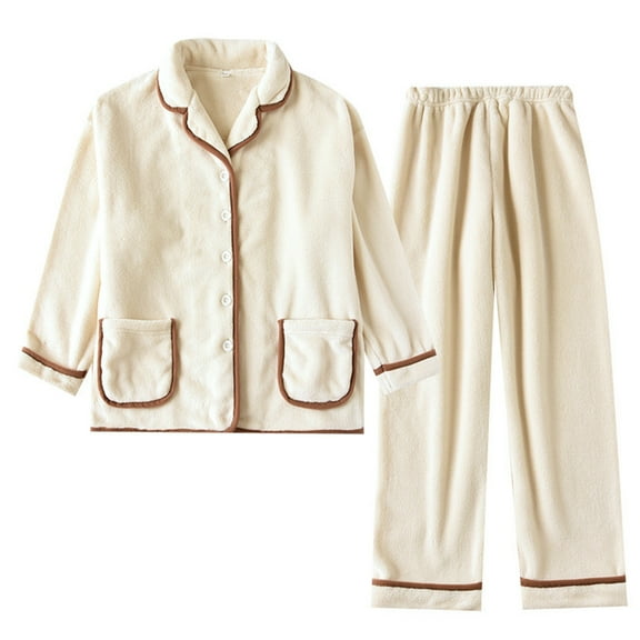 HUJlwoi Women Coral Fleece Pajama Sets Long Sleeve Warm 2 Piece Lounge Pj Sets Button down Loose Fuzzy Sleepwear with Pockets