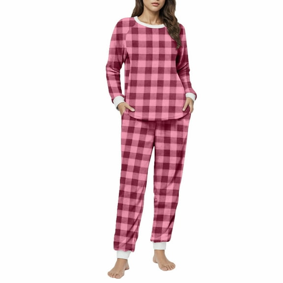 HUJlwoi Women Fluffy Pajama Set Fuzzy Fleece Long Sleeve Plaid Pullover with Thermal Pants Set Cozy Plush Sleepwear 2 Piece Outfits