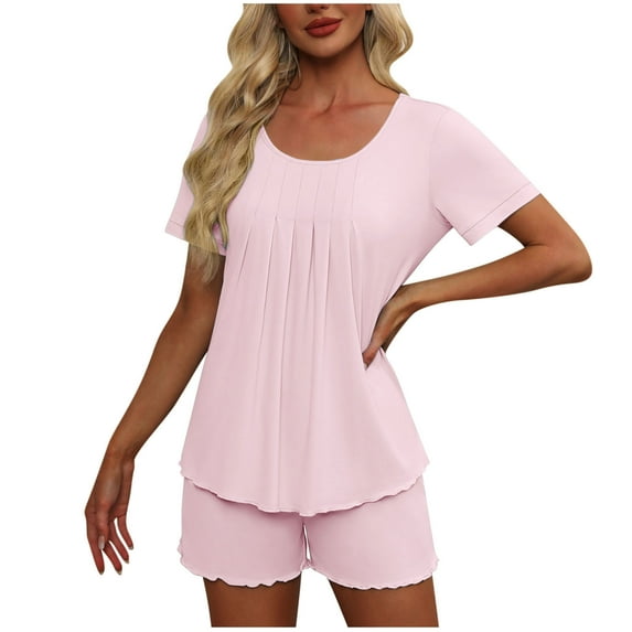 HUJlwoi Women Lounge Set Pleated Short Sleeve Pjs Nightwear Solid Color Loost Fit 2 Piece Pajama Suit Summer Trendy Ruffle loungewear
