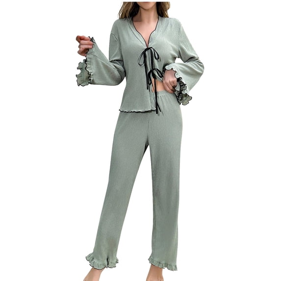 HUJlwoi Women Pajama Sets Pleated Flare Sleeve Tie Front Top Long Pants Matching Sets Soft Comfy Sleepwear 2 Piece Outfit