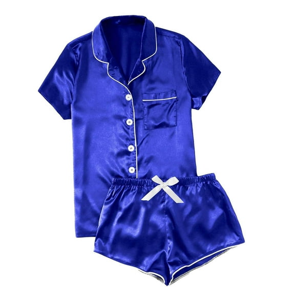 HUJlwoi Women Pajama Sets Satin Silk 2 Piece Lounge Pj Sets Short Sleeve Shirts Shorts Matching Summer Sleepwear Button down Pocket Nightwear