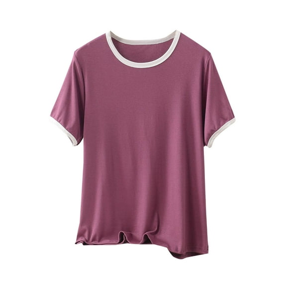 HUJlwoi Women Plus Size Sleep T Shirt Color Block Short Sleeve Blouse Oversized Crewneck Casual Loose Fashion Pajama Top