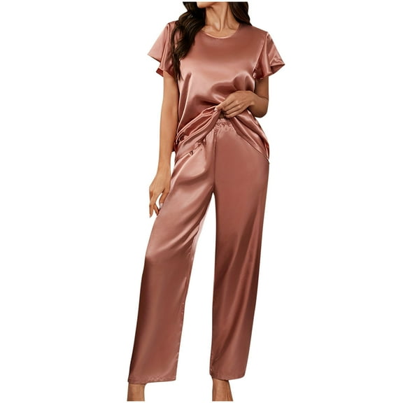 HUJlwoi Women Satin Pajamas Set Ruffle Sleeves Silk Pj Set Soft Crew Neck Sleepwear Loungewear Simple Tops and Pants Spring Summer Lounge Sets