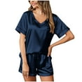 thumbnail image 1 of HUJlwoi Women Silk Satin Pajama Sets Short Sleeve Two Piece Soft Spring Summer Loungwear Matching Sets V-Neck Solid Color Sleepwear with Pocket, 1 of 7