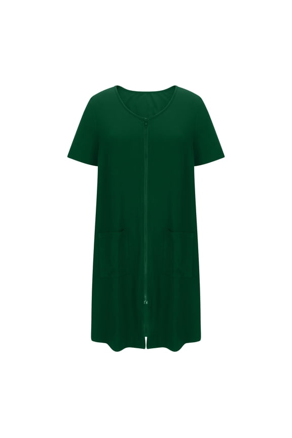 Women Sleepshirt Casual Short Sleeve Nightshirt Zip up Loose Robe Nightgown Above the Knee Housecoat with Pockets