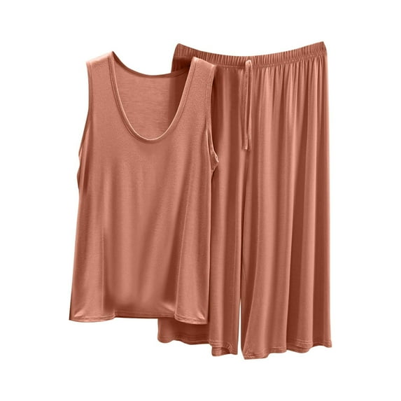 HUJlwoi Women Tank Tops Pajama Sets Solid Color 2 Piece Lounge Outfits Sleeveless Shirts Capri Pants Pjs Sets Spring Summer Sleepwear