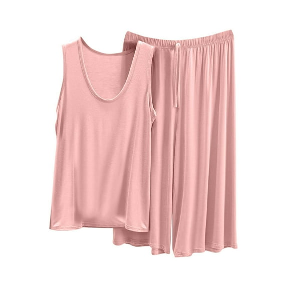 HUJlwoi Women Tank Tops Pajama Sets Solid Color 2 Piece Lounge Outfits Sleeveless Shirts Capri Pants Pjs Sets Spring Summer Sleepwear