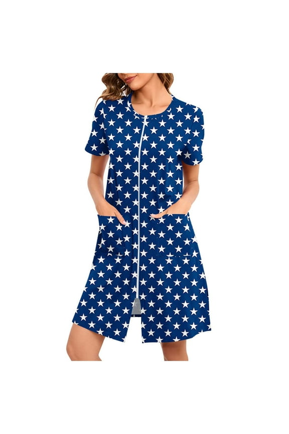 Women Zipper Front Robe Printed Short Sleeve Bathrobes Comfort Breathable Sleepwear Short Nightgown with Pockets