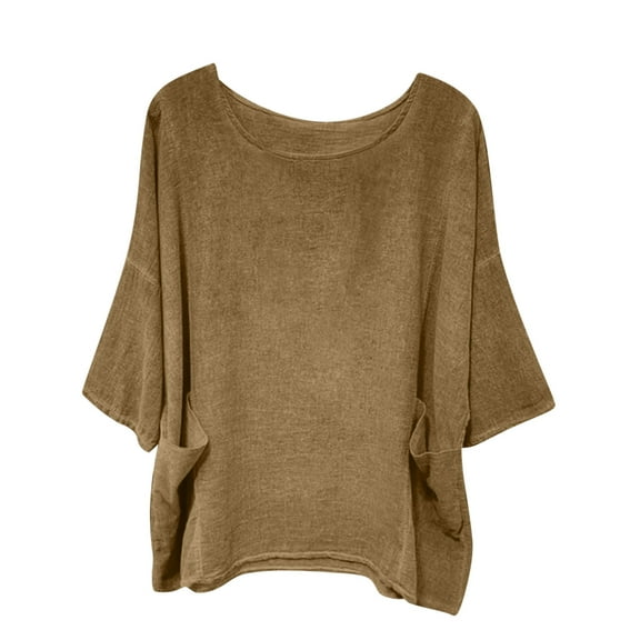HUJlwoi Women's 3/4 Sleeve Shirts Crew Neck Loose Fashion Tops with Pocket Casual Solid Color Blouses Trendy Basic Outfits