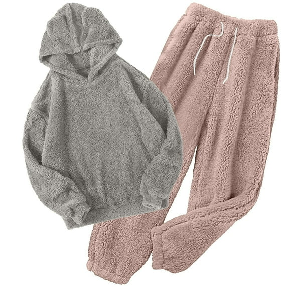 HUJlwoi Women's Fuzzy Fleece Pajamas Sets Sherpa Loungewear Long Sleeve Warm Hoodies Pants Pj Sets 2 Piece Cozy Plush Sleepwear
