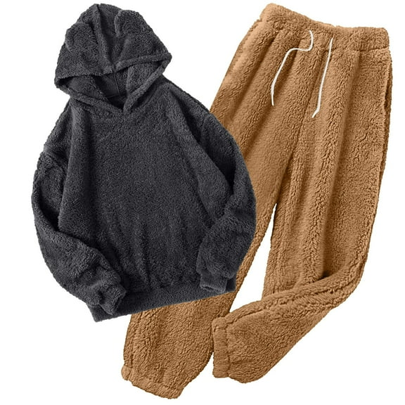 HUJlwoi Women's Fuzzy Fleece Pajamas Sets Sherpa Loungewear Long Sleeve Warm Hoodies Pants Pj Sets 2 Piece Cozy Plush Sleepwear