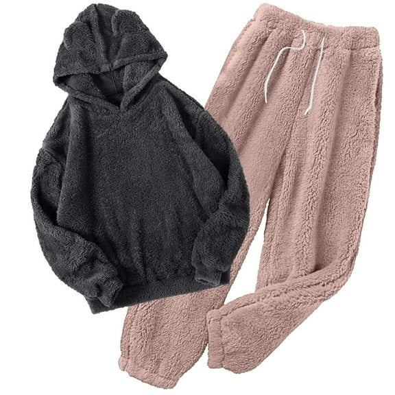 HUJlwoi Women's Fuzzy Fleece Pajamas Sets Sherpa Loungewear Long Sleeve Warm Hoodies Pants Pj Sets 2 Piece Cozy Plush Sleepwear