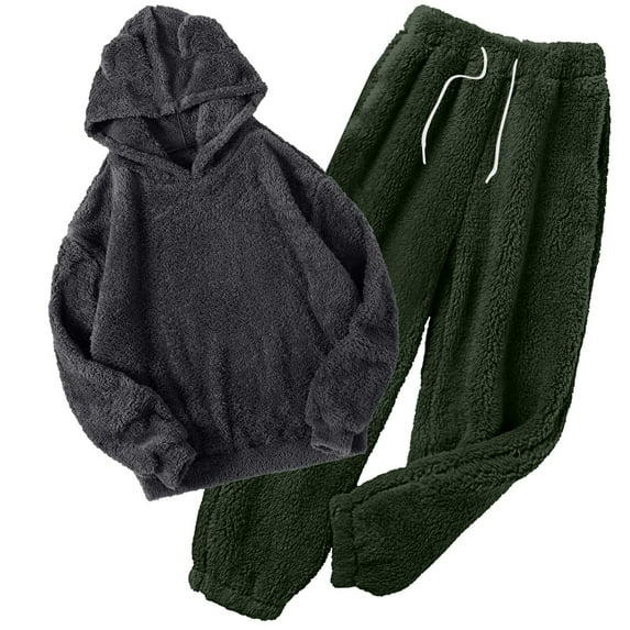 HUJlwoi Women's Fuzzy Fleece Pajamas Sets Sherpa Loungewear Long Sleeve Warm Hoodies Pants Pj Sets 2 Piece Cozy Plush Sleepwear