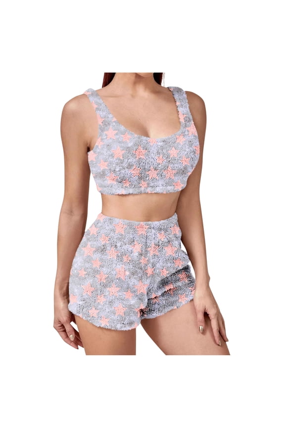 Women's Fuzzy Pajamas Set 2 Piece Outfits Warm Sherpa Sleepwear Sleeveless Star Print Crop Top with Shorts Pj Set
