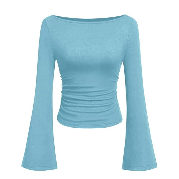 HUJlwoi Women's Long Sleeve Shirts Fall Fashion Going out Tops Casual Boat Neck Bell Sleeve Ribbed Ruched Clothes Cropped Blouse