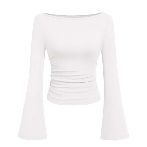 HUJlwoi Women's Long Sleeve Shirts Fall Fashion Going out Tops Casual Boat Neck Bell Sleeve Ribbed Ruched Clothes Cropped Blouse