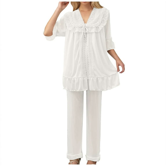 HUJlwoi Women's Lounge Set Lace Silk Oversized Half Sleeve Pajama Shirts with Pants Solid Color Loose Fit Trendy Sleepwear Suits