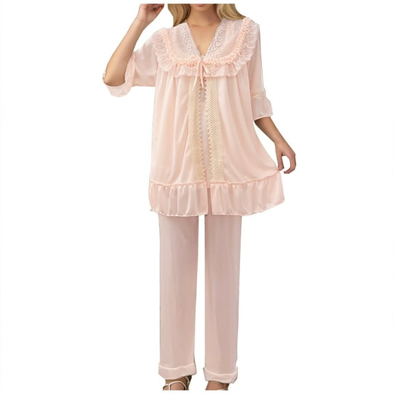 HUJlwoi Women's Lounge Set Lace Silk Oversized Half Sleeve Pajama Shirts with Pants Solid Color Loose Fit Trendy Sleepwear Suits