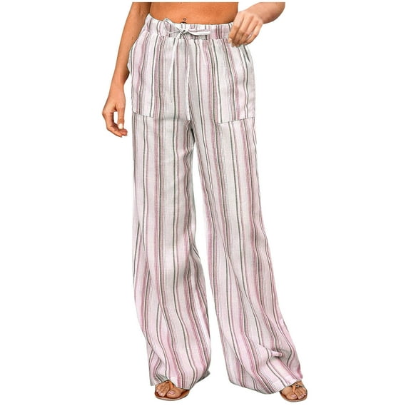 HUJlwoi Women's Pajama Pants Lightweight Striped Elastic Waist Loose Wide Leg Sleep Pants with Pockets Casual Comfy Pj Bottoms