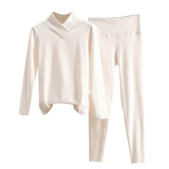 HUJlwoi Women's Pajama Sets V Neck Tops and Bottom Set Sleepwear Thermal Comfy Loungewear for Cold Weather 2 Piece Pj Set