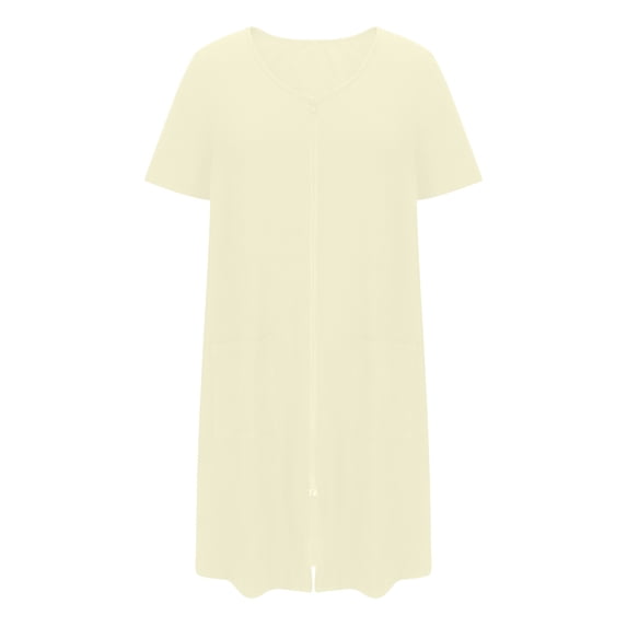 HUJlwoi Women's Robe Short Sleeve Zipper Front House Coat Round Neck Short Bathrobe with Pockets Thin Breathable Loungewear