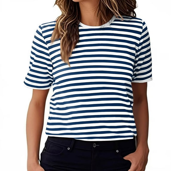 HUJlwoi Women's Shirts Short Sleeve Striped Tops Trendy Crewneck Casual Loose Summer Blouses Dressy Thin Ladies Tees