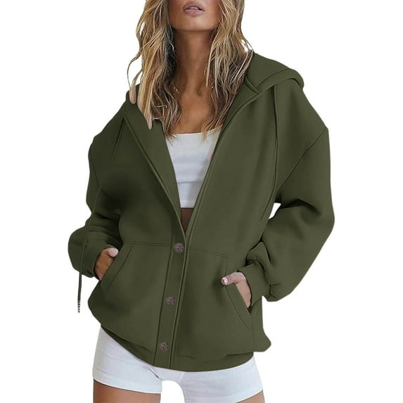 HUJlwoi Women's Sweatshirts Solid Color Button down Top Drawstring Lightheight Hoodies Casual Fall Jacket Warm Winter Coat