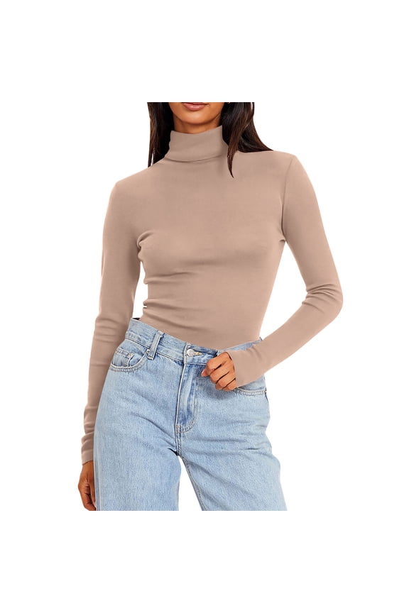 Women's Turtleneck Long Sleeve Shirts Slim Fitted Lightweight Casual Tops Solid Color Fleece Lined High Neck Undershirt Blouse