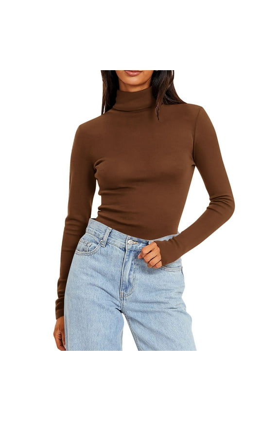 Women's Turtleneck Long Sleeve Shirts Slim Fitted Lightweight Casual Tops Solid Color Fleece Lined High Neck Undershirt Blouse