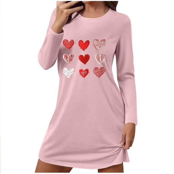 HUJlwoi Women's Valentines Nightgown Heart Graphic Long Sleeve Tank Sleepwear Comfort Round Neck Nightdress Valentine Loungewear