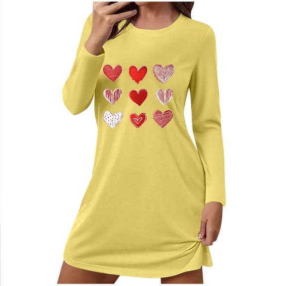 HUJlwoi Women's Valentines Nightgown Heart Graphic Long Sleeve Tank Sleepwear Comfort Round Neck Nightdress Valentine Loungewear