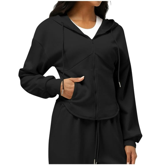 HUJlwoi Women's Zip up Jacket Solid Color Drawstring Lightweight Outerwear Hooded Tops Long Sleeve Athletic Coats with Pocket