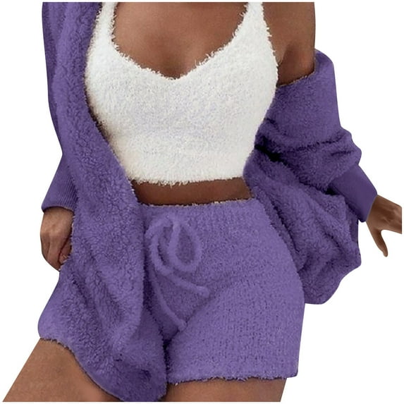 HUJlwoi Womens 3 Piece Outfit Fuzzy Fleece Warm Cardigan Outwear Sleeveless Crop Tops Shorts Pajama Set Shaggy Winter Loungewear