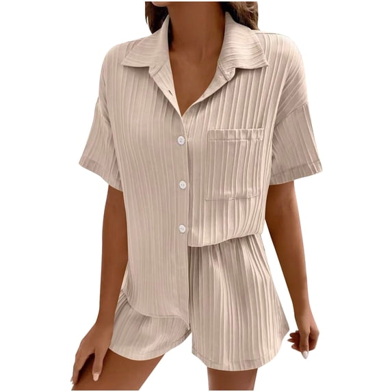 HUJlwoi Womens Button down Pajama Sets Textured Short Sleeve Sleep Shirt and Shorts Pj Set Comfortable Loose Loungewear
