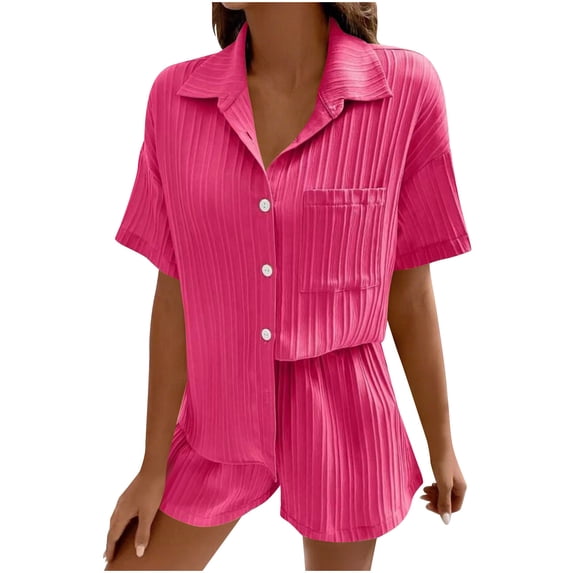 HUJlwoi Womens Button down Pajama Sets Textured Short Sleeve Sleep Shirt and Shorts Pj Set Comfortable Loose Loungewear