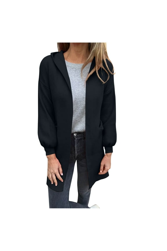 Womens Cardigan Open Front Solid Color Soft Wool Blend Outerwear Tops with Pocket Side Split Coat Warm Fall Winter Clothes