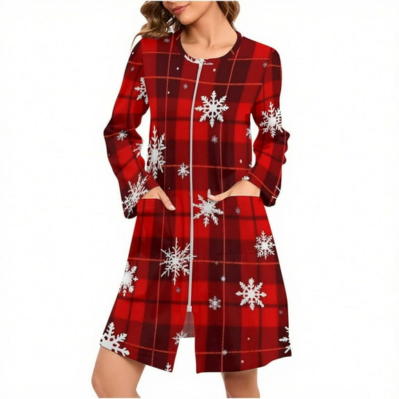 HUJlwoi Womens Christmas Robe Printed Long Sleeve Bathrobe Zipper Front House Coat Lounge Comfortable Sleepwear with Pockets