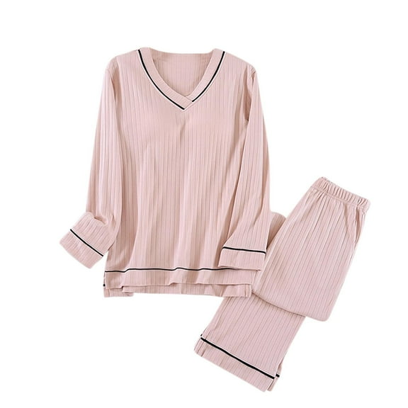 HUJlwoi Womens Cotton Pajama Sets Casual Sleepwear V Neck Long Sleeve Padded Pullover Long Pants Pj Set Comfy 2 Piece Outfits