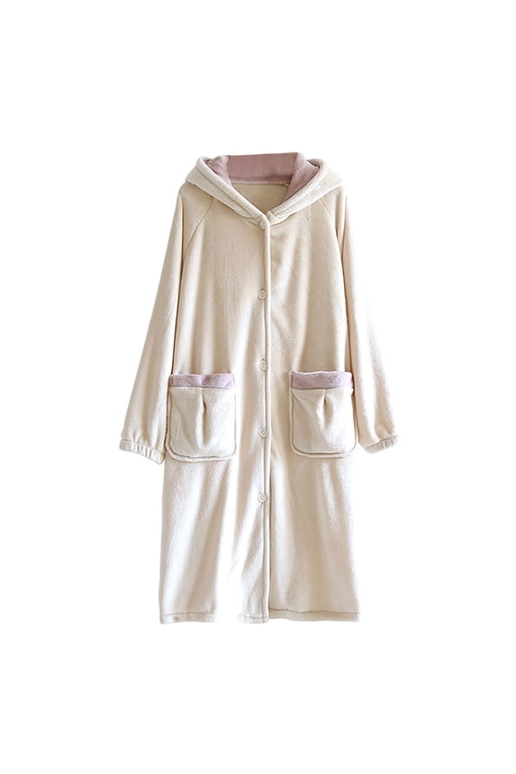 Womens Fleece Nightgown Thermal Plush Winter Housecoat Hooded Button down Bathrobe Comfy Loungewear with Pockets