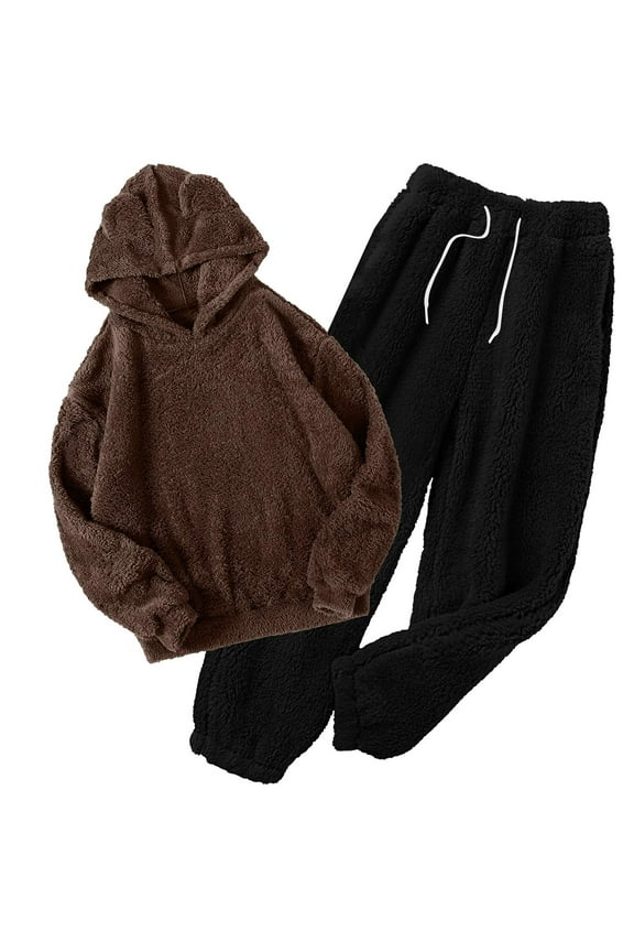 Womens Fleece Pajama Sets 2 Piece Outfits Fluffy Warm Hooded Pullover Pants Set Fuzzy Thermal Loungewear Tracksuits