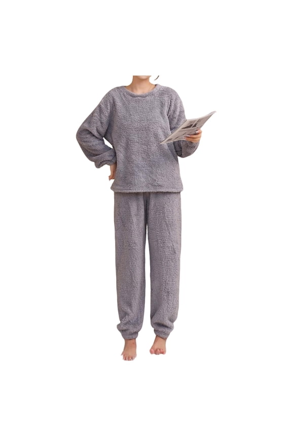 Womens Fleece Pajama Sets Fluffy Long Sleeve Tops with Soft Cozy Pants Pj Set Thermal Winter Loungewear 2 Piece Outfits
