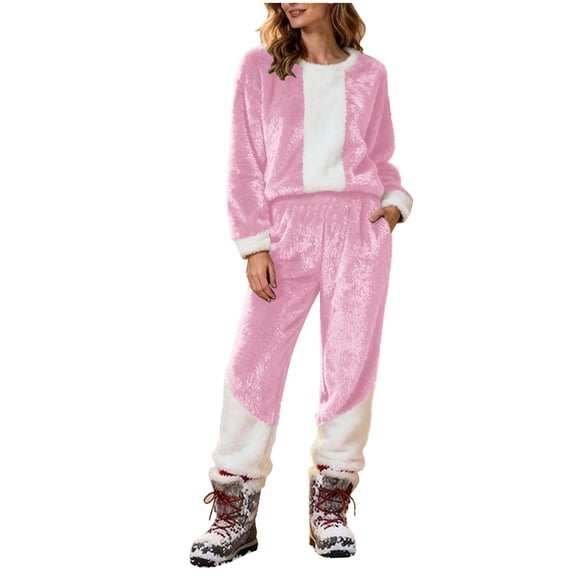 HUJlwoi Womens Fluffy Christmas Pajama Set Two Piece Outfits Color Block Warm Sherpa Pj Set Sleepwear Shaggy Thermal Loungewear
